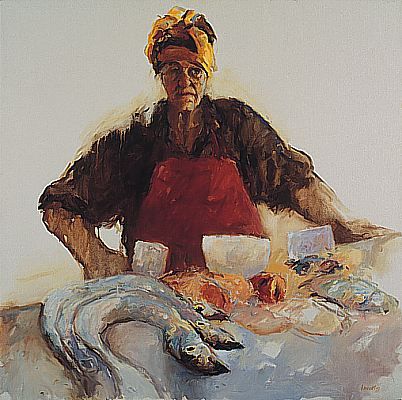 Portugiesische Fischverkäuferin, Öl auf Leinwand, 1997, 100 x 100 cm, Verkauft