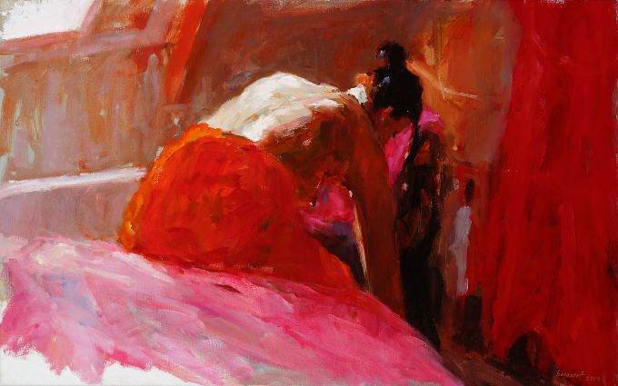 Modèle en rouge III, Peinture à l’huile sur toile, 2004, 50 x 70 cm, Vendu