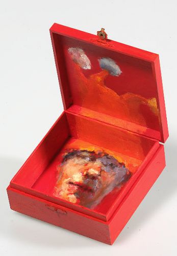 Zelfportret in doosje, Olieverf / houten doosje, 2005, 20 x 20 cm, Verkocht