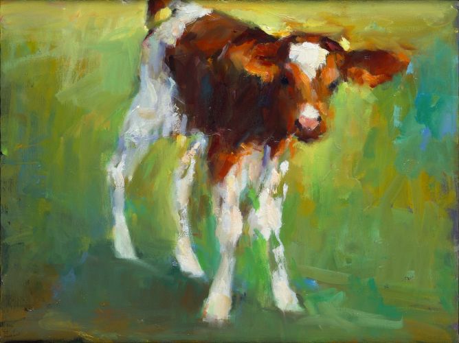 Nuage & la vache, Peinture à l’huile sur toile, 2017, 90 x 90 cm, Vendu