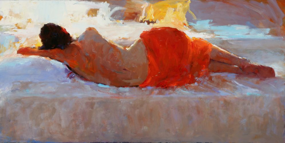 Modèle allongé en rouge, Peinture à l’huile sur toile, 2006, 50 x 100 cm, Vendu