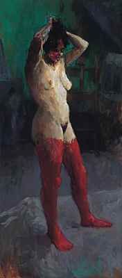 Stehender Akt mit roten Strümpfen, Öl auf Leinwand, 2001, 180 x 80 cm, Verkauft