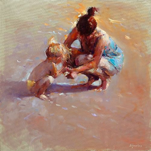 Moeder & kind aan zee, olieverf / linnen, 2012, 60 x 60 cm, Verkocht